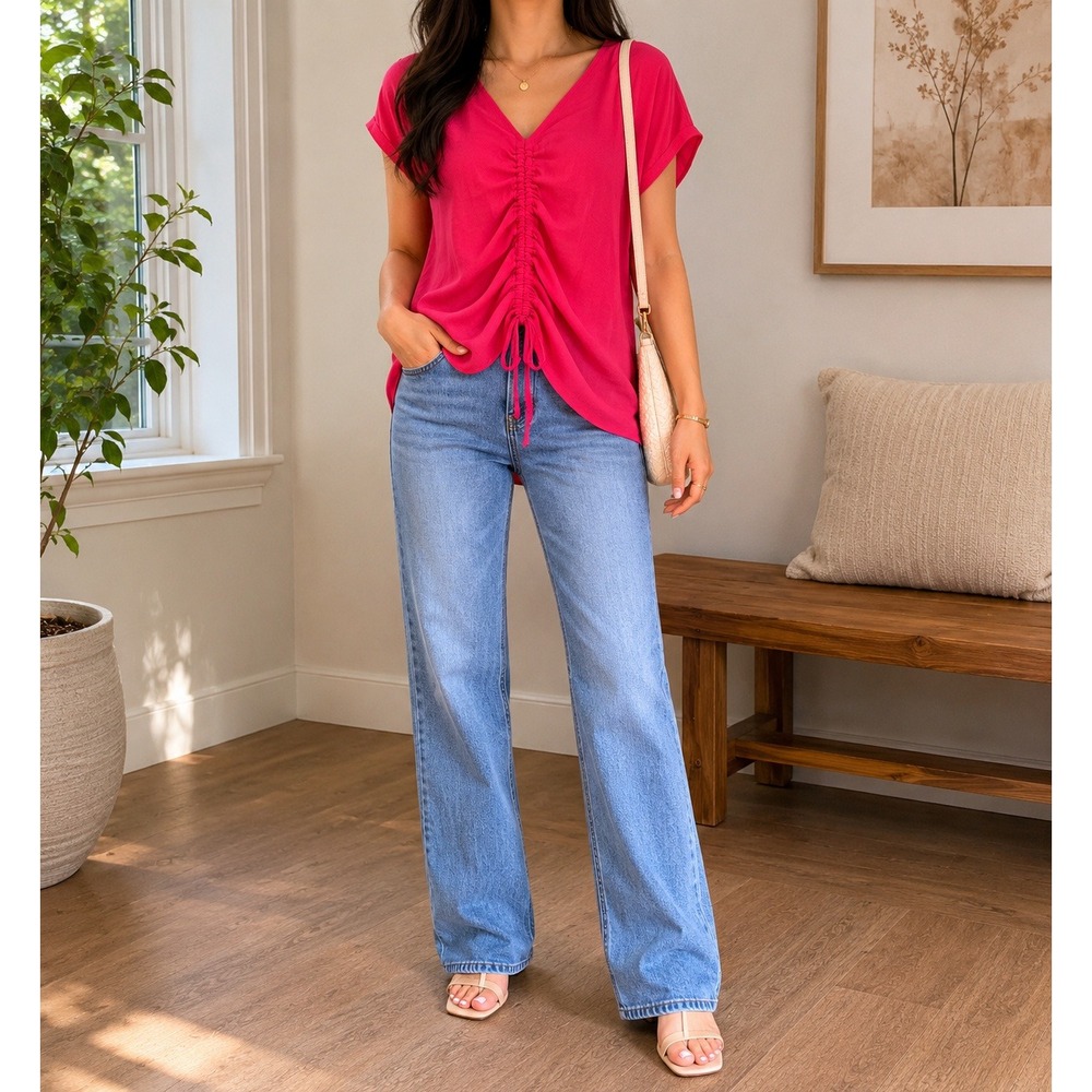 She + Sky Coral Pink Ruched Front V-Neck Blouse Top XL PSS8022R
